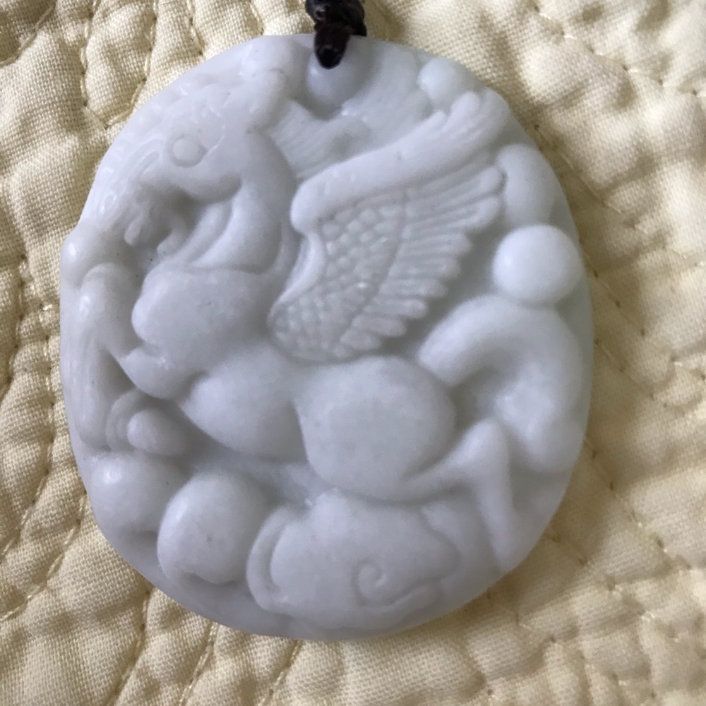 Carved White Jadeite Flying Horse Necklace